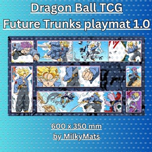 May include: A playmat featuring Dragon Ball TCG artwork of Future Trunks. The mat has a dark background with comic-style panels of the character. The dimensions are 600 x 350 mm.
