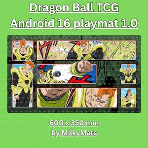 May include: A rectangular playmat featuring comic-style illustrations of Android 16 from Dragon Ball TCG. The playmat is 600 x 350 mm and has the text "Dragon Ball TCG Android 16 playmat 1.0" at the top.