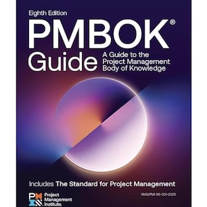 May include: The cover of the PMBOK Guide, Eighth Edition, features a gradient background of purple, blue, and gold. The title "PMBOK Guide" is in large white letters, with the subtitle "A Guide to the Project Management Body of Knowledge" below.
