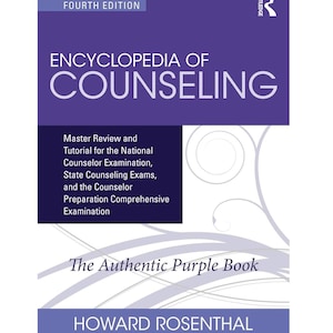 Puede incluir: Un libro titulado "ENCYCLOPEDIA OF COUNSELING, Cuarta edición" con una cubierta morada. El libro incluye texto sobre exámenes de consejeros y es del autor Howard Rosenthal. El libro está etiquetado como "The Authentic Purple Book".