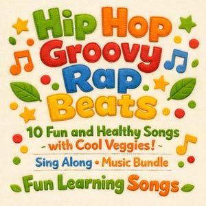 Puede incluir: Un diseño bordado colorido con las palabras "Hip Hop Groovy Rap Beats" en varios colores. El diseño incluye notas musicales, estrellas, hojas y el texto "10 Fun and Healthy Songs - with Cool Veggies! - Sing Along Music Bundle Fun Learning Songs."