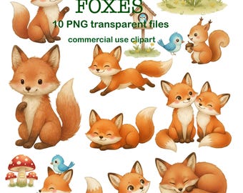 Watercolor Fox Clipart Set, Baby Fox PNG Files,Commercial Use, Nursery Decor, Instant Download.