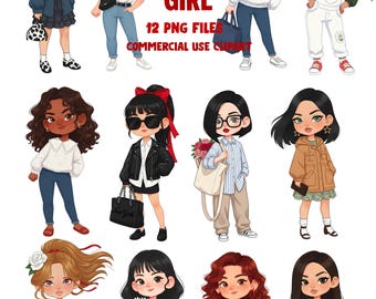 Fashion Girl Clipart Set , Diverse  Girl Character Stylish Outfit Illustration, Printable PNG, Digital Download