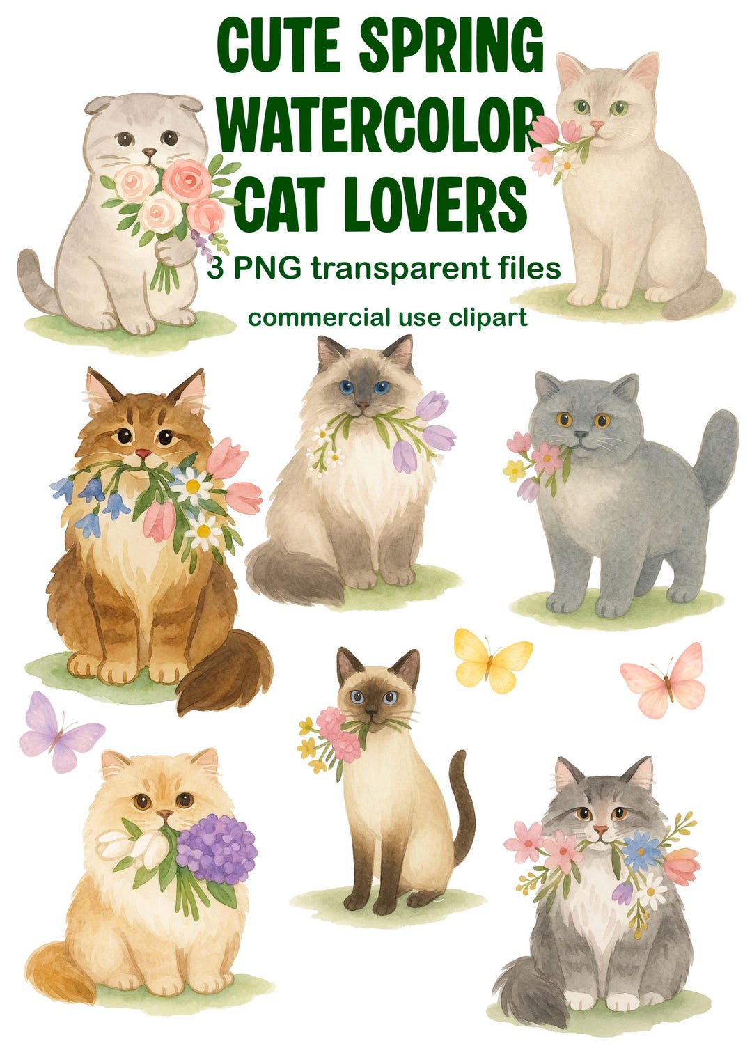 Watercolor Spring Cats Clipart Set | Floral Kitten PNG Files for ...