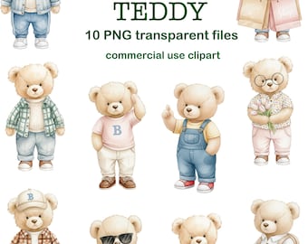 Spring Watercolor Teddy Bear Clipart Set | 10 PNG Files for Commercial Use