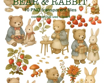 Spring Watercolor Bear and Rabbit Clipart | 10 PNG Files |illustration for Kids, Stickers & Crafts