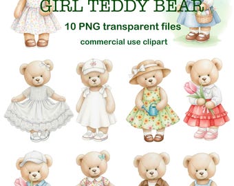 Sweet Spring Teddy Bear Girls Watercolor Clipart Bundle