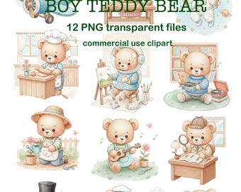 Spring Watercolor Boy Teddy Bear Clipart Set - 12 PNG Files for Commercial Use
