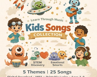 Whimsical Educational Kids Songs Collection | Digital Download 25 Songs + Printable Lyrics (Themes 1–5)