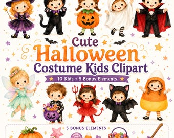 Cute Halloween Costume Kids Clipart, Watercolor Halloween Children PNG, Witch Ghost Vampire Pumpkin Costume, Halloween Kids Clip Art