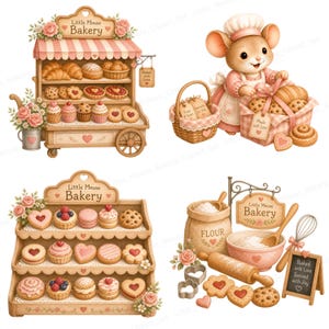 May include: A charming illustration of a bakery scene. It features a mouse baker, a bakery cart, and a display of baked goods like croissants, cupcakes, and cookies. The text "Little Mouse Bakery" is visible on signs and the cart.