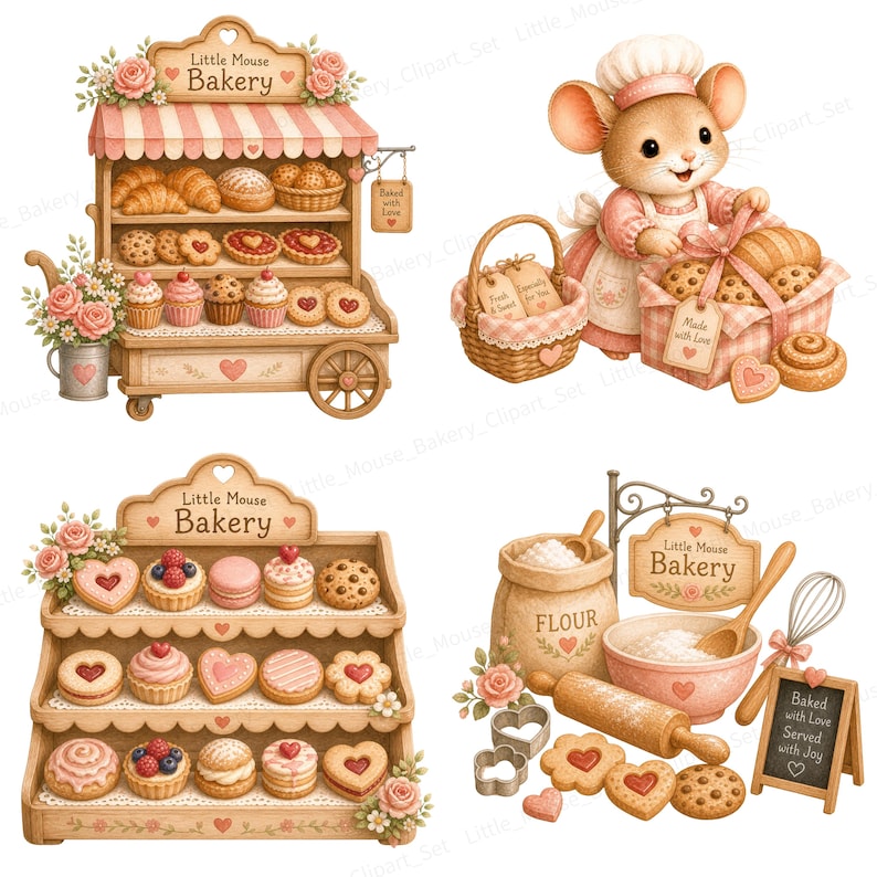 May include: A charming illustration of a bakery scene. It features a mouse baker, a bakery cart, and a display of baked goods like croissants, cupcakes, and cookies. The text "Little Mouse Bakery" is visible on signs and the cart.