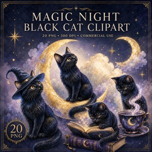 以下が含まれることがあります： MAGIC NIGHT BLACK CAT CLIPARTというタイトルのデジタルクリップアートセット。夜空、三日月、星、雲、ティーカップ、本の中に4匹の黒猫が描かれています。テキストにはMAGIC NIGHT BLACK CAT CLIPART 20 PNG 300 DPI COMMERCIAL USEと書かれています。