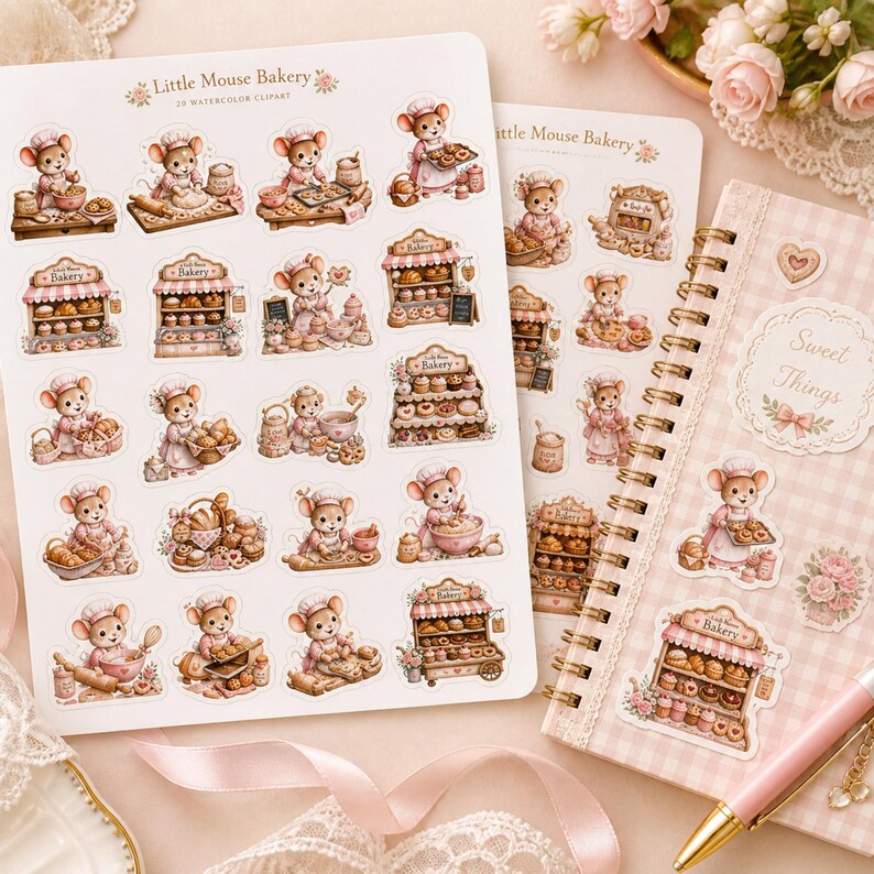 May include: Two sheets of watercolor clipart featuring a "Little Mouse Bakery" theme. The sheets display various illustrations of mice baking and selling pastries. A pink and white checkered notebook with the words "Sweet Things" is also visible, along with a pink pen.