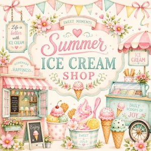 Può includere: Illustrazione ad acquerello di un'incantevole gelateria. L'immagine presenta uno schema di colori rosa e blu con le parole "Summer Ice Cream Shop". Sono esposti coni, coppe e una varietà di gusti di gelato. È visibile anche il testo "Life is better with ice cream".