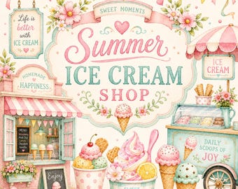 Summer Ice Cream Shop Clipart, Pastel Watercolor Ice Cream PNG, Sweet Dessert Shop Graphics, Commercial Use, 15 PNG Bundle