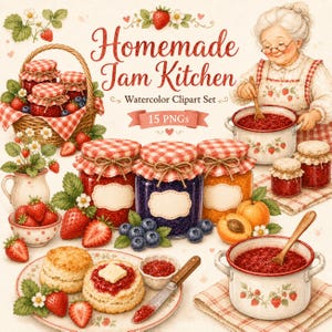 Cliparts für selbstgemachte Marmelade, Erdbeermarmelade (Aquarell-PNG), Cliparts für die Landhausküche, Rezeptbuch, Marmeladenglas, Backen, Digitaler Download
