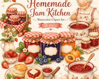 Homemade Jam Kitchen Clipart, Strawberry Jam Watercolor PNG, Cottage Kitchen Clip Art, Recipe Journal, Jam Jar, Baking, Digital Download
