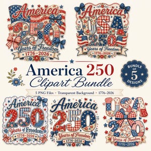 以下が含まれることがあります： 「America 250」と「Years of Freedom 1776-2026」のテキストが入った愛国的なクリップアートバンドル。赤、白、青のパターン、リボン、星を使用。透明な背景の5つのPNGファイルが含まれています。