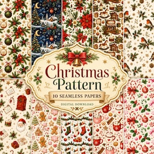 Christmas Seamless Patterns, 10 JPG Digital Papers, Vintage Holiday Backgrounds, Scrapbook Paper, Gift Wrap, Commercial Use