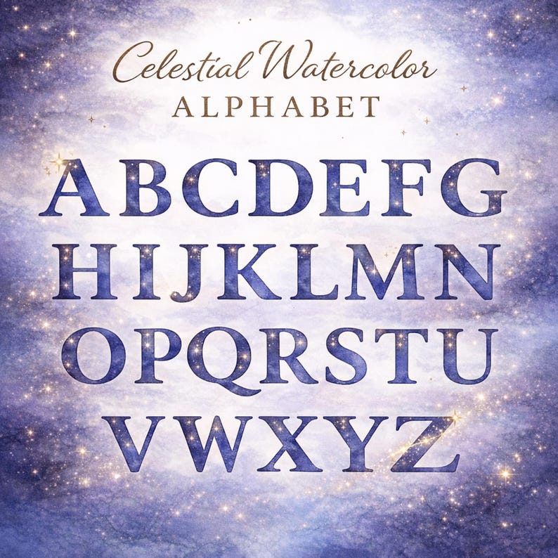 Celestial Watercolor Alphabet Clipart, Uppercase A–Z Letters, Night Sky ...