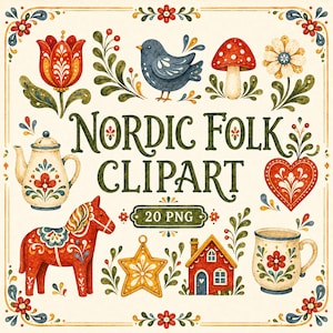 Pode incluir: Uma coleção digital de ilustrações de arte popular nórdica com um cavalo vermelho, um pássaro azul, um bule, uma caneca, um coração, um cogumelo, uma estrela e uma casa. O texto NORDIC FOLK CLIPART 20 PNG está em letras verde-escuras.