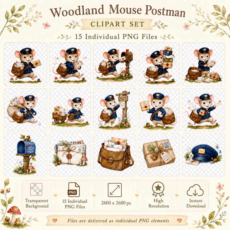 Woodland Mouse Postman Clipart, Cute Mouse Mail Carrier PNG, Forest ...
