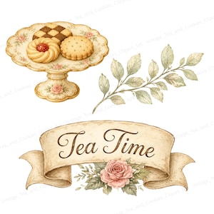 K&ouml;nnte beinhalten: Aquarell-Illustration mit einem Tortenst&auml;nder mit Keksen, einem Zweig mit Bl&auml;ttern und einem Banner mit dem Text "Tea Time". Die Kekse umfassen ein Schachbrettmuster, einen marmeladengef&uuml;llten Keks und einen runden Keks. Das Banner hat eine Rose.