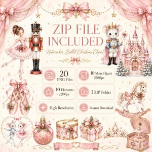 May include: A digital collection of Nutcracker ballet Christmas clipart featuring a ballerina, a nutcracker, a mouse prince, a castle, ballet slippers, a rocking horse, a gift box, a drum, and a crown, all in soft pink and gold tones.
