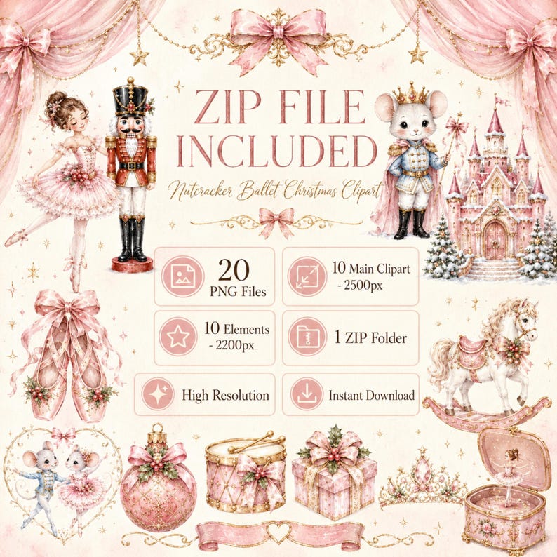 May include: A digital collection of Nutcracker ballet Christmas clipart featuring a ballerina, a nutcracker, a mouse prince, a castle, ballet slippers, a rocking horse, a gift box, a drum, and a crown, all in soft pink and gold tones.