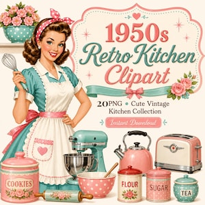 Retro-Küchen-Cliparts der 1950er Jahre, Vintage-Hausfrauen-Backmotiv (PNG), Retro-Küchenutensilien, niedliche Koch-Cliparts, kommerzielle Nutzung, sofortiger Download
