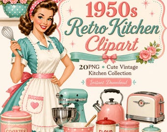 1950-talets retro kök Clipart, vintage hemmafru bakning PNG, retro köksredskap, söt matlagning clipart, kommersiellt bruk, omedelbar nedladdning