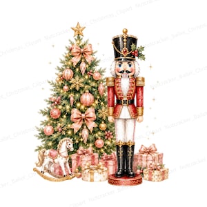 May include: A watercolor illustration of a nutcracker in a red and white uniform standing next to a decorated Christmas tree with pink ornaments, bows, and a rocking horse, surrounded by several wrapped gift boxes on a white background.