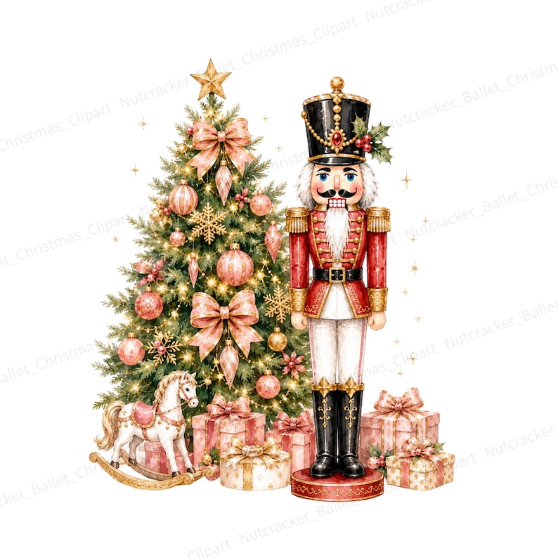 May include: A watercolor illustration of a nutcracker in a red and white uniform standing next to a decorated Christmas tree with pink ornaments, bows, and a rocking horse, surrounded by several wrapped gift boxes on a white background.