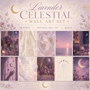 Puede incluir: Un conjunto de 10 láminas de arte mural imprimibles de 20x25 cm, titulado Lavender Celestial Wall Art Set. La colección presenta varias ilustraciones en tonos morados y lavanda, incluyendo soles, lunas, nubes y querubines.