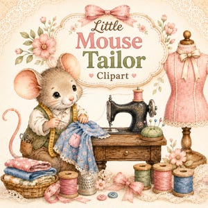 Little Mouse Tailor Clipart, Cute Sewing Mouse PNG, Watercolor Tailor Clip Art, Vintage Sewing Supplies, Fabric, Thread, Craft PNG