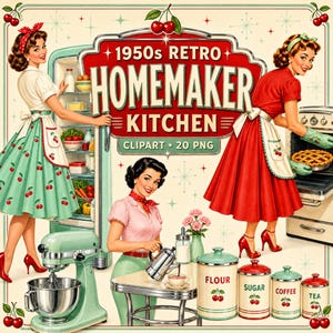May include: A digital illustration featuring three women in 1950s attire within a kitchen setting. Elements include a mint green refrigerator, a stand mixer, a table with a teapot, and four canisters labelled Flour, Sugar, Coffee, and Tea.