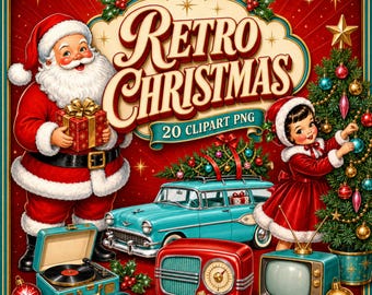 Puede incluir: Una ilustración digital que muestra a Santa Claus sosteniendo un regalo, un niño decorando un árbol de Navidad, una camioneta vintage color verde azulado, un tocadiscos y una radio retro, con el texto Retro Christmas 20 CLIPART PNG en rojo.