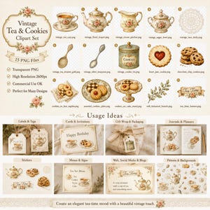K&ouml;nnte beinhalten: Ein Vintage-Tee- und Kekse-Clipart-Set mit Teekanne, Tasse, Keksen und Etiketten. Das Set enth&auml;lt 15 PNG-Dateien mit einer hohen Aufl&ouml;sung von 2600px. Der Text auf dem Bild lautet "Vintage Tea & Cookies Clipart Set".