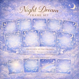 Night Dream Frame Set | Celestial Watercolor Frames PNG | Moon Star Cloud Border | Square 2600x2600 | 12 Frames + 4 Bonus Backgrounds