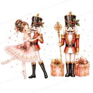 May include: A watercolor illustration featuring a ballerina in a pink tutu dancing with a nutcracker, alongside a second nutcracker holding a gold scepter next to two pink gift boxes. The scene is decorated with small pink hearts and gold stars.