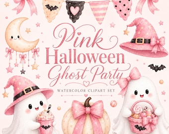 Pink Halloween Ghost Clipart, Watercolor Halloween PNG, Cute Ghost Party Clipart, Pastel Pumpkin, Witch Hat, Candy, Commercial Use