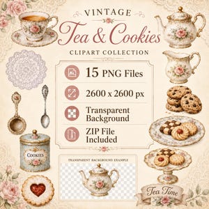 K&ouml;nnte beinhalten: Vintage "Tea & Cookies" Clipart-Kollektion mit Tasse, Teekanne, Sahnek&auml;nnchen, Keksen und Serviergeschirr. Das Bild enth&auml;lt 15 PNG-Dateien, 2600 x 2600 px, mit transparentem Hintergrund. Ein "Tea Time" Banner ist ebenfalls enthalten.