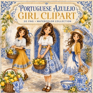 Può includere: Illustrazione digitale con tre figure in abiti con motivi blu e bianchi, cappelli di paglia e cesti di limoni. Testo: PORTUGUESE AZULEJO GIRL CLIPART 20 PNG WATERCOLOR COLLECTION. Include ciotole e piatti in ceramica blu.
