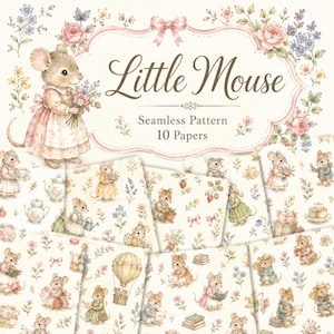 以下が含まれることがあります： Little Mouseと題された10種類のシームレスパターンペーパーのデジタルコレクション。服を着たネズミ、フラワーアレンジメント、熱気球、本、ティーセットの水彩画イラストが、ピンクのアクセントが入ったクリーム色の背景に描かれています。