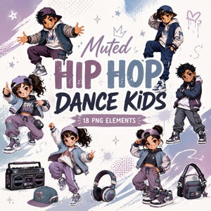 Op de afbeelding: Digitale illustratie met meerdere cartoonkinderen in hiphopkleding. De afbeelding bevat de tekst "Muted Hip Hop Dance Kids" en "18 PNG Elements". De kinderen dragen jassen, hoeden en sneakers, met accessoires zoals een koptelefoon en een boombox.