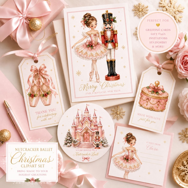 May include: A collection of stationery featuring a Nutcracker ballet theme with illustrations of a ballerina, a nutcracker, a castle, and ballet slippers in shades of pink and gold, including text such as Merry Christmas and A Magical New Year.