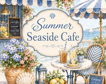 Summer Seaside Cafe Watercolor Clipart, Coastal Cafe PNG, Lemonade Dessert Beach Cafe Illustrations, Blue Summer Digital Download