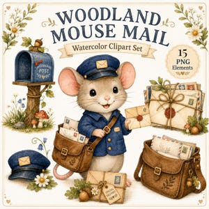 Op de afbeelding: Watercolor clipart set getiteld "Woodland Mouse Mail" met een cartoonmuis verkleed als postbode. De afbeelding bevat een brievenbus, posttassen, enveloppen en de tekst "15 PNG Elements". Het kleurenpalet omvat blauw, bruin en groen.