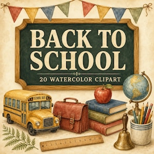 以下が含まれることがあります： BACK TO SCHOOL 20 WATERCOLOR CLIPARTという文字が書かれた黒板、黄色いスクールバス、茶色の革製サッチェル、赤いリンゴが乗った3冊の本の積み重ね、地球儀、真鍮のベル、木製の定規が描かれた水彩画風のイラスト。